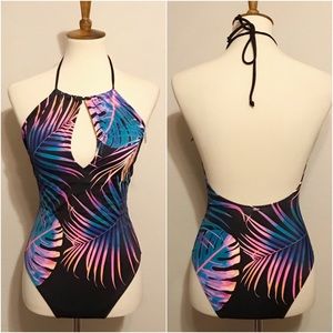 PINK VS Tropical Palm High Neck Halter One Piece